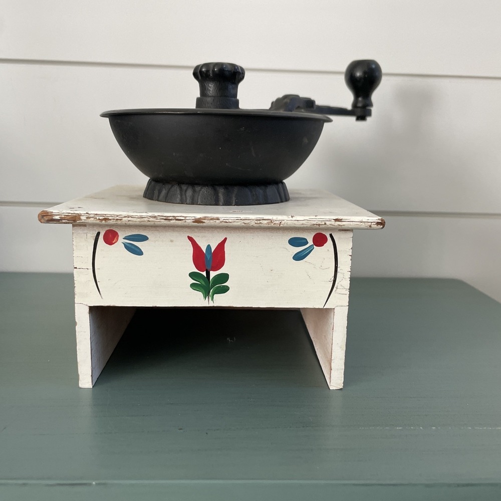 Vintage Folk Art Painted Coffee Grinder  Wood Cast Iron + Insert! 50s‎ MCM